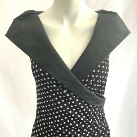Joseph Ribkoff Black Polka-dot Dress Cap Sleeves Faux Wrap Stretch 8 - Picture 4 of 10